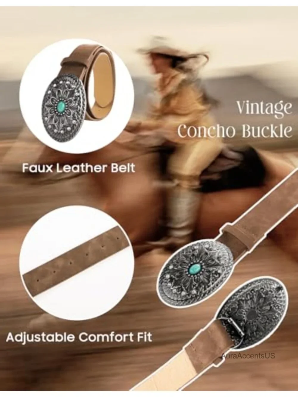 Western Belt for Women - Vegan Leather Turquoise Buckle